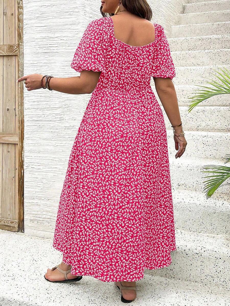 Breezaya Vestido de verano elegante de manga larga abultada, escote cuadrado, con corbata delantera y estampado floral diminuto, para vacaciones, talla grande, conjunto de mujer