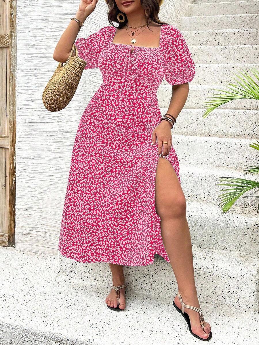 Breezaya Vestido de verano elegante de manga larga abultada, escote cuadrado, con corbata delantera y estampado floral diminuto, para vacaciones, talla grande, conjunto de mujer