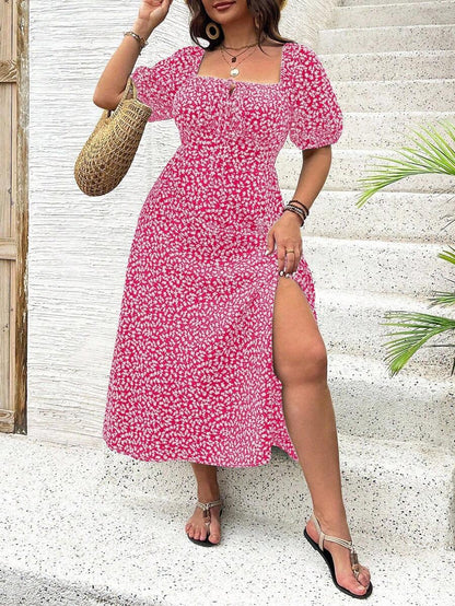 Breezaya Vestido de verano elegante de manga larga abultada, escote cuadrado, con corbata delantera y estampado floral diminuto, para vacaciones, talla grande, conjunto de mujer