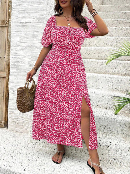 Breezaya Vestido de verano elegante de manga larga abultada, escote cuadrado, con corbata delantera y estampado floral diminuto, para vacaciones, talla grande, conjunto de mujer