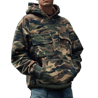 【24-hour shipping】Men's Vintage Camouflage Printed Flap Pocket Long-Sleeved Hoodie 44391826M
