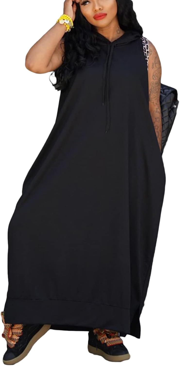 Bluewolfsea Vestido largo con capucha para mujer, casual, holgado, sin mangas, con bolsillos, abertura lateral, vestido largo