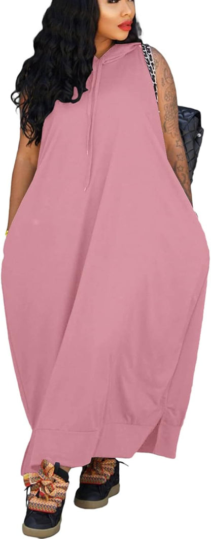 Bluewolfsea Vestido largo con capucha para mujer, casual, holgado, sin mangas, con bolsillos, abertura lateral, vestido largo