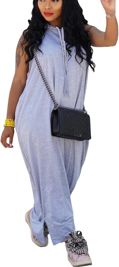 Bluewolfsea Vestido largo con capucha para mujer, casual, holgado, sin mangas, con bolsillos, abertura lateral, vestido largo