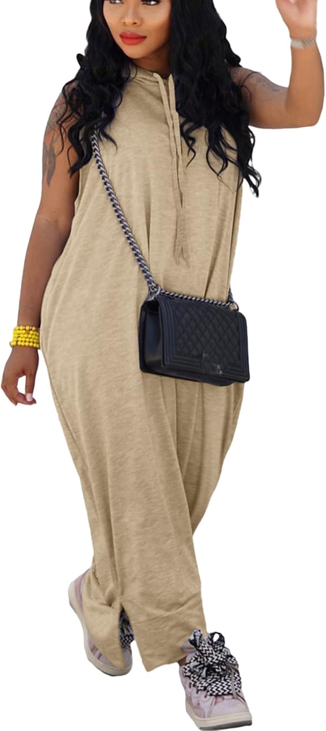Bluewolfsea Vestido largo con capucha para mujer, casual, holgado, sin mangas, con bolsillos, abertura lateral, vestido largo