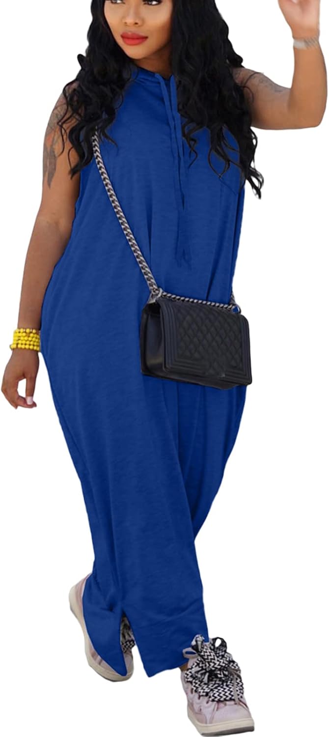 Bluewolfsea Vestido largo con capucha para mujer, casual, holgado, sin mangas, con bolsillos, abertura lateral, vestido largo