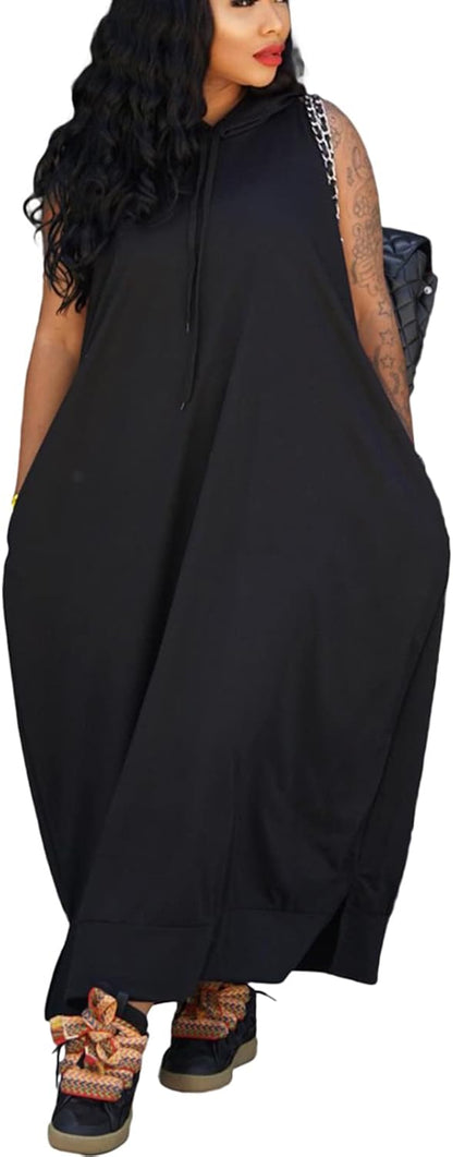 Bluewolfsea Vestido largo con capucha para mujer, casual, holgado, sin mangas, con bolsillos, abertura lateral, vestido largo