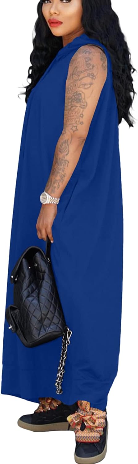 Bluewolfsea Vestido largo con capucha para mujer, casual, holgado, sin mangas, con bolsillos, abertura lateral, vestido largo