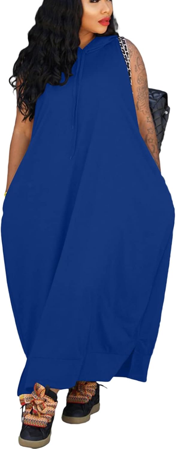Bluewolfsea Vestido largo con capucha para mujer, casual, holgado, sin mangas, con bolsillos, abertura lateral, vestido largo