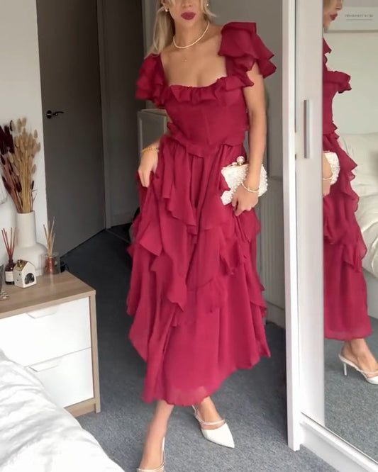 Vestido sin espalda con mangas con volantes