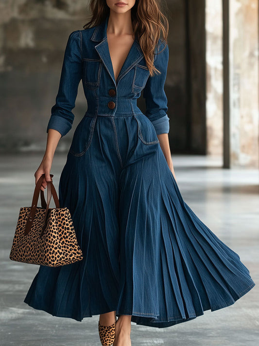 Vintage Long-Sleeved Dark Blue Denim Trench Coat-Style Pleated Maxi Dress