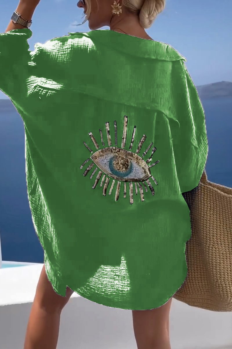 Camiseta Casual con Lentejuelas y Abalorios de Ojo Turco