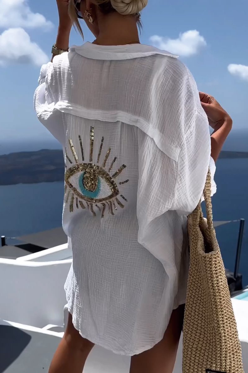 Camiseta Casual con Lentejuelas y Abalorios de Ojo Turco