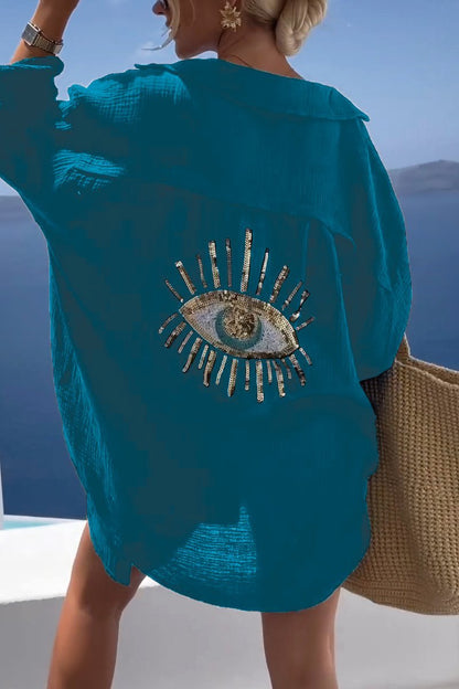Camiseta Casual con Lentejuelas y Abalorios de Ojo Turco