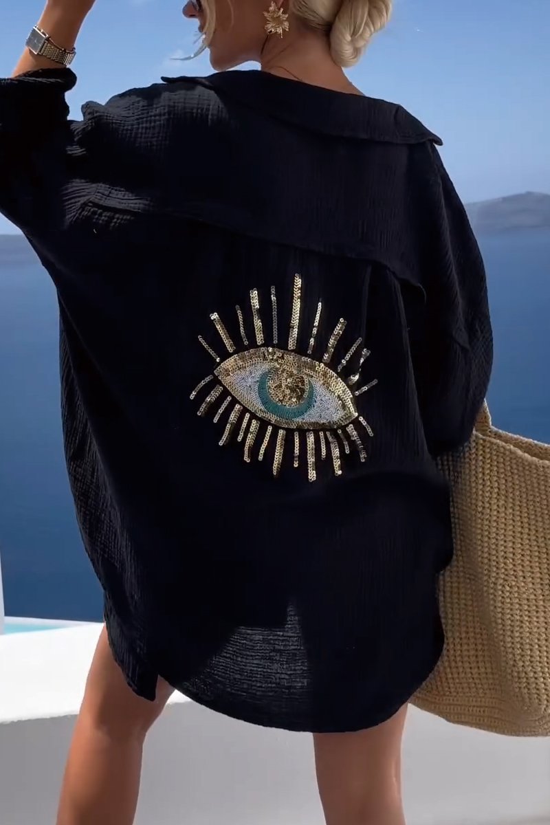 Camiseta Casual con Lentejuelas y Abalorios de Ojo Turco