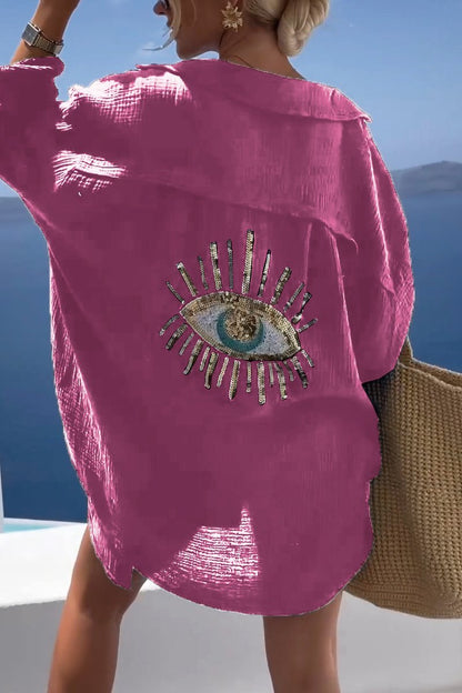 Camiseta Casual con Lentejuelas y Abalorios de Ojo Turco