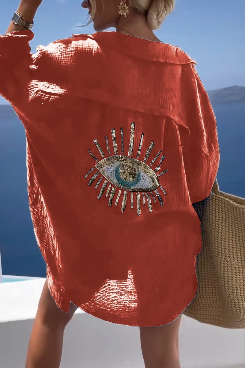 Camiseta Casual con Lentejuelas y Abalorios de Ojo Turco