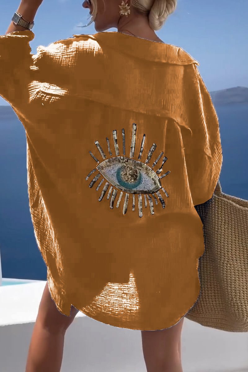 Camiseta Casual con Lentejuelas y Abalorios de Ojo Turco