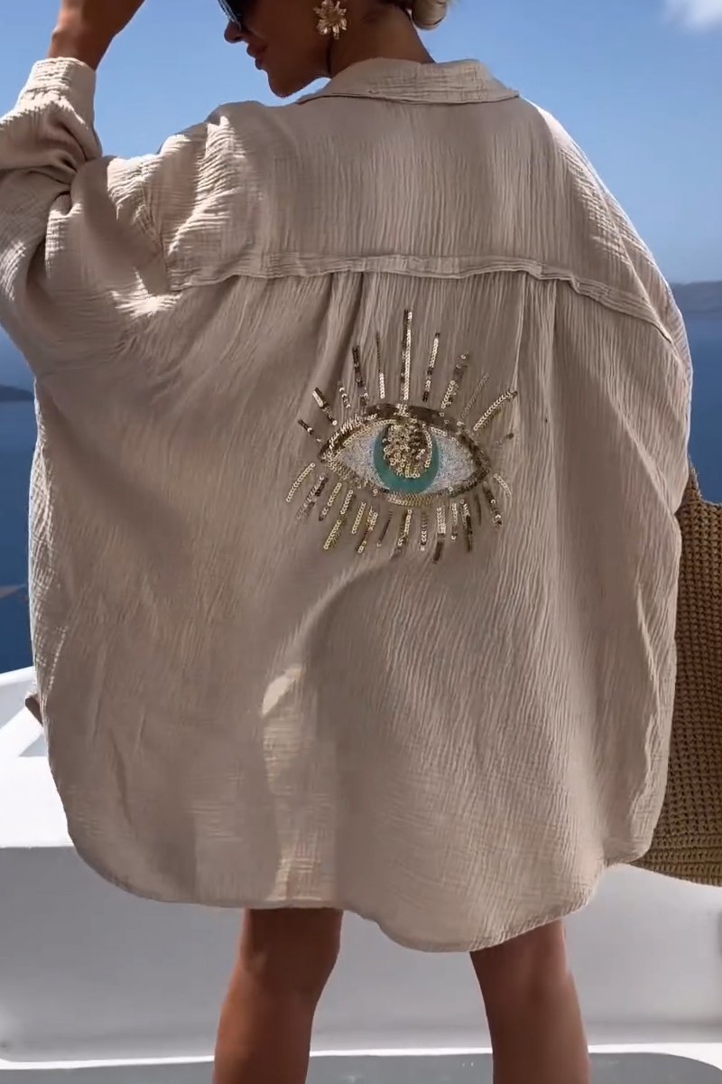 Camiseta Casual con Lentejuelas y Abalorios de Ojo Turco
