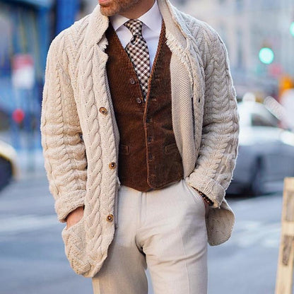 【24-hour shipping】Men's Vintage Stand Collar Single Breasted Cable Knit Cardigan 26165463Z